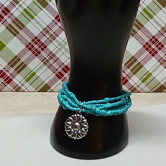 Handmade Turquoise Tone Beaded Bracelet w/ Sunflower Pendant Fashion Jewelry #48 - Picture 6 of 8